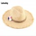 Wide Brim Beach Hat w/ Braid Band Handmade Raffia Straw Beach Hat Fringe Sun Hat 691218706787 eb-78083209