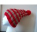 Hand knitted bulky & warm striped pom pom beanie/hat  bright red/beige  eb-63916344