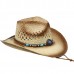 Tea Stain Paper Straw COWBOY HAT w/ Turquoise Blue Beads WOMEN WESTERN Cowgirl  eb-14713146